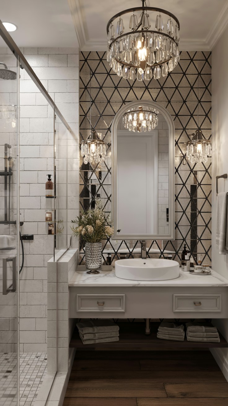 Luxury Bathroom Design Ideas With Crystal Chandeliers and Geometric Tile