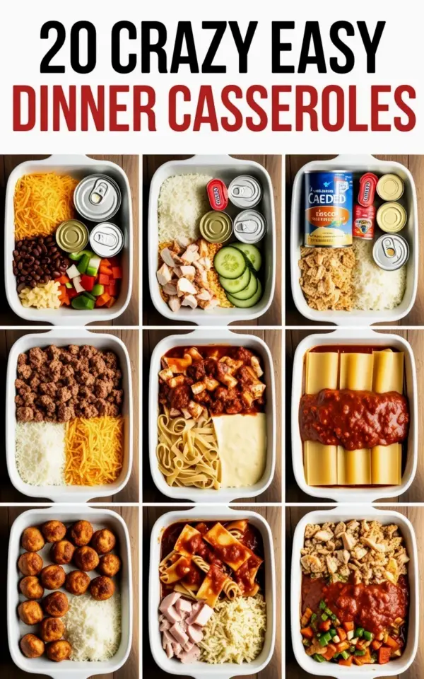 20 Crazy Easy Dinner Casseroles | Simple Ingredients in White Baking Dishes