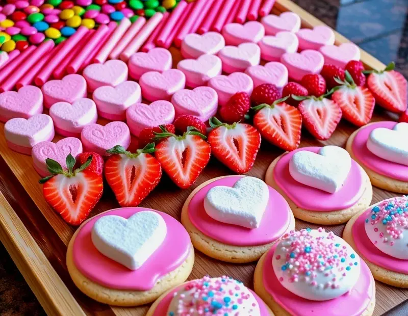 Valentine's Day Pink Dessert Charcuterie Board with Strawberries and Cookies