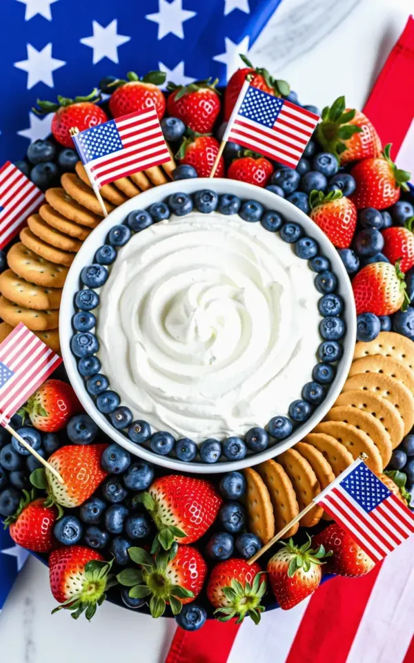 Fourth of July Charcuterie Board with Cream Cheese Dip - Easy Patriotic Party Food