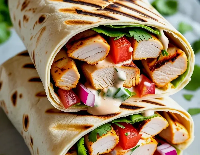 We're obsessed with these grilled chicken wraps - charred tortillas, creamy sauce, easy family dinner